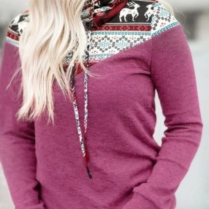 Reindeer Drawstring Cowl Neck Sweatshirt - Purple