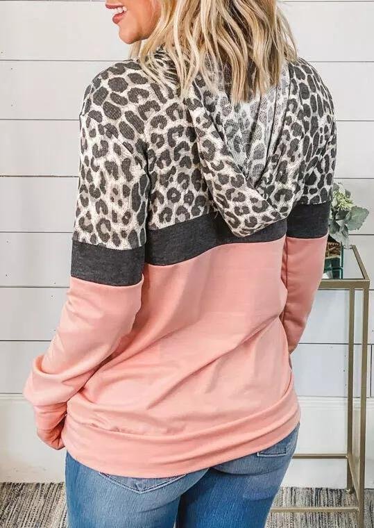 Leopard Splicing Kangaroo Pocket Hoodie - Pink