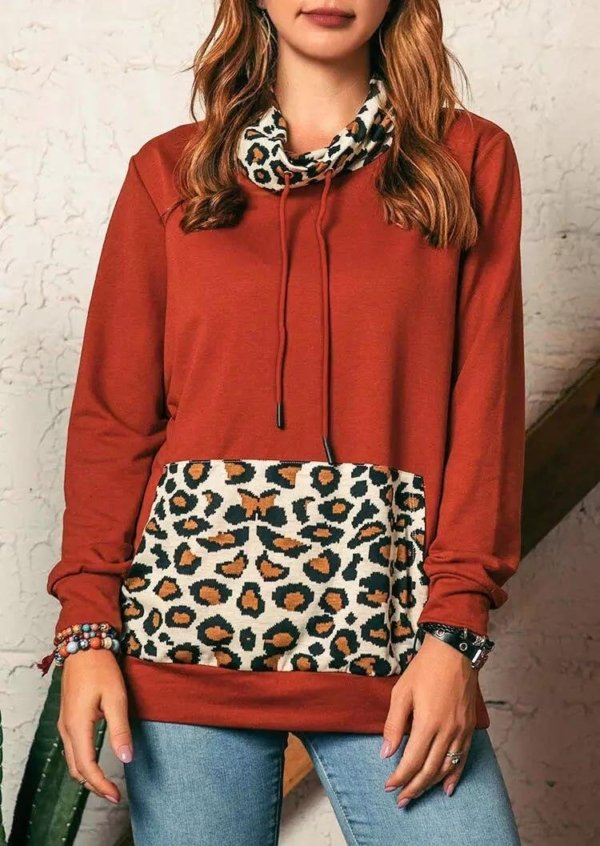 Leopard Splicing Drawstring Kangaroo Pocket Sweatshirt - Brick Red