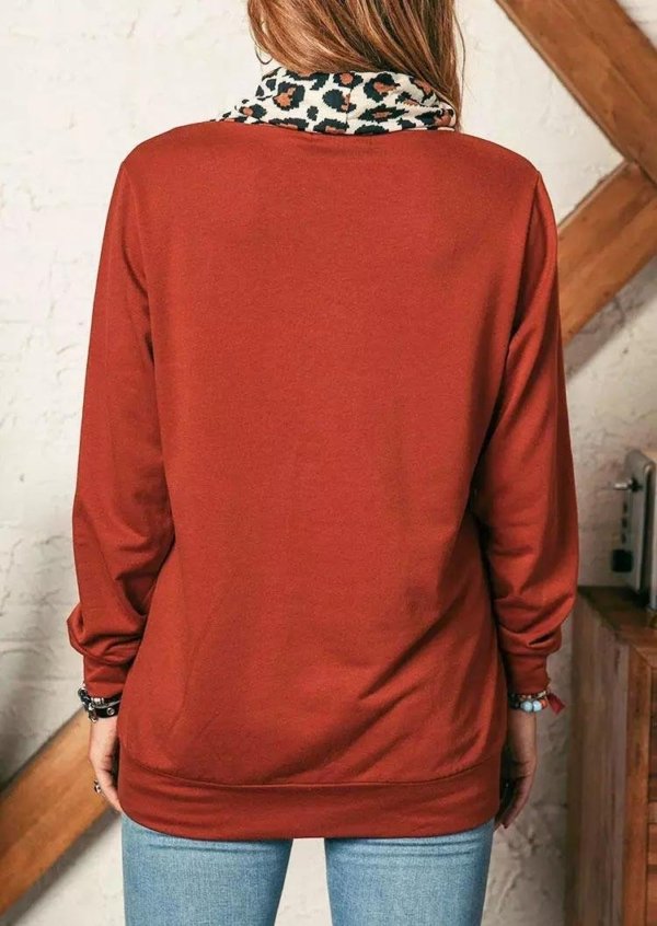 Leopard Splicing Drawstring Kangaroo Pocket Sweatshirt - Brick Red