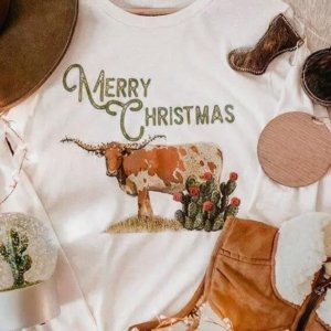Merry Christmas Longhorn Western Cactus Pullover Sweatshirt - White