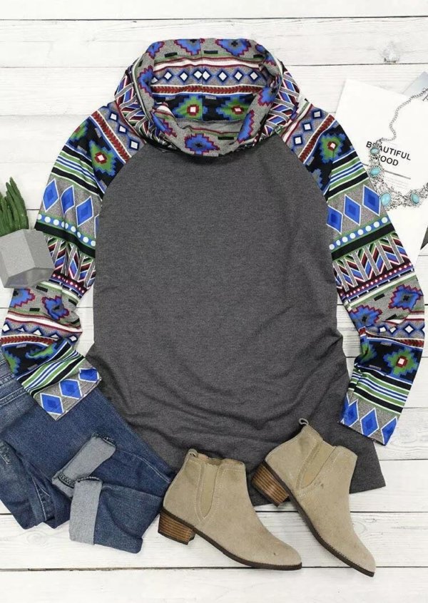 Aztec Geometric Cowl Neck Pullover Sweatshirt - Gray