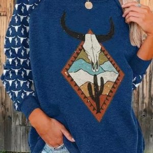 Western Cactus Steer Skull Pullover Sweatshirt - Deep Blue
