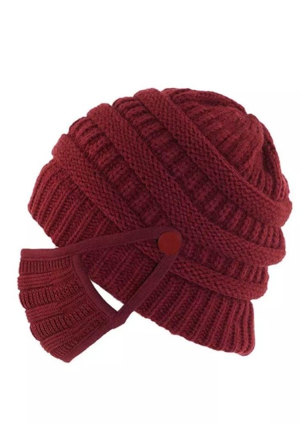 2Pcs Winter Button Knitted Beanie Hat And Mouth Shield Set