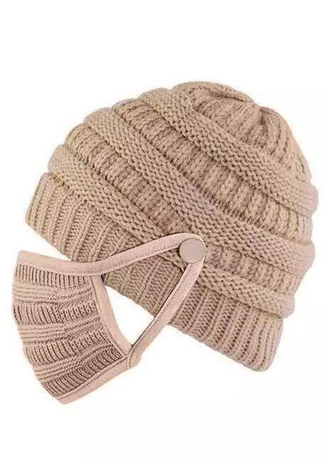 2Pcs Winter Button Knitted Beanie Hat And Mouth Shield Set