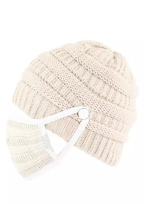 2Pcs Winter Button Knitted Beanie Hat And Mouth Shield Set