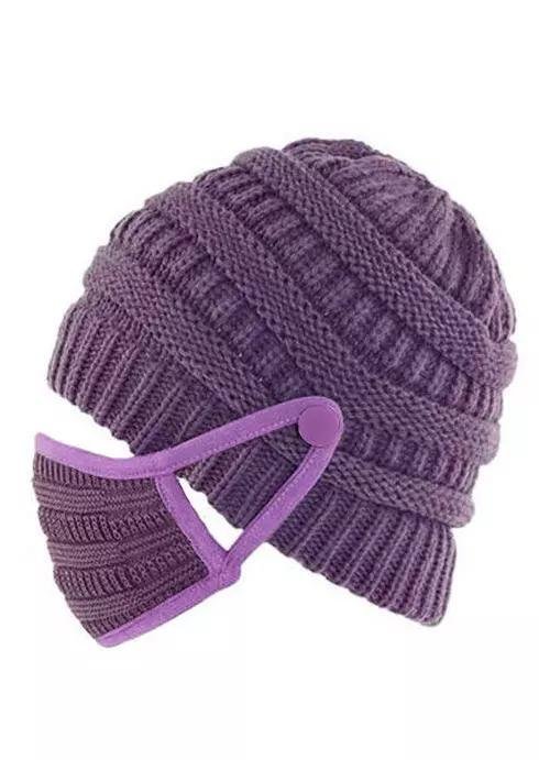 2Pcs Winter Button Knitted Beanie Hat And Mouth Shield Set