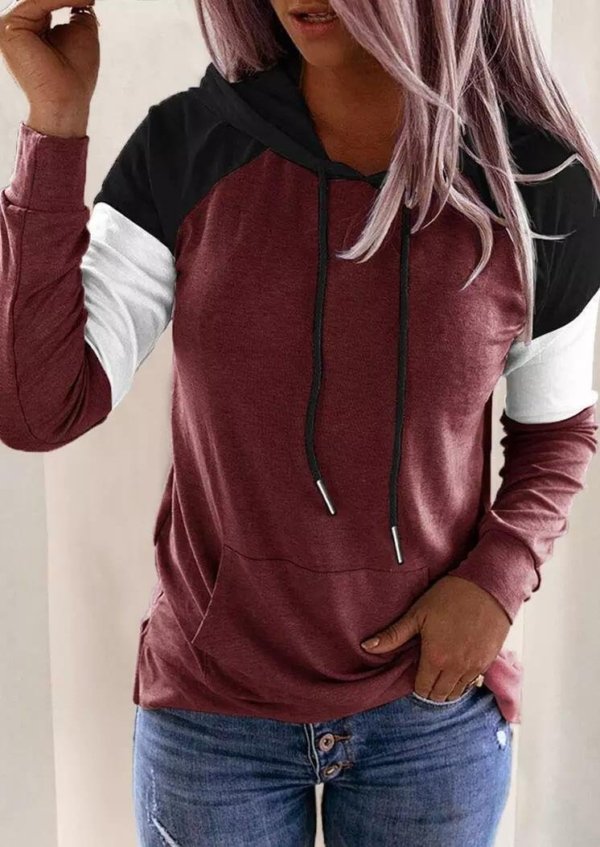 Color Block Drawstring Kangaroo Pocket Hoodie - Black