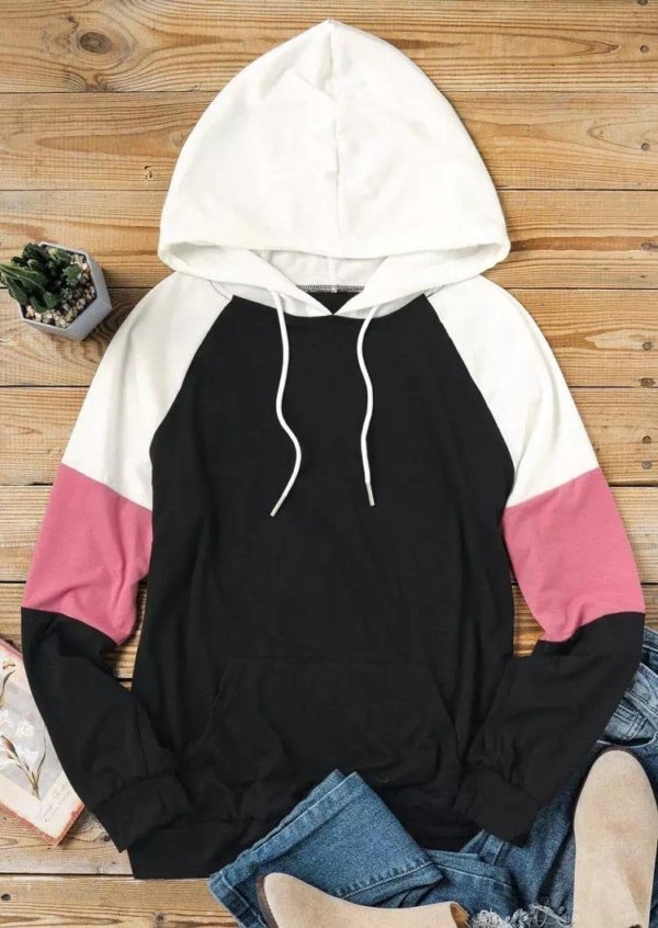 Color Block Drawstring Kangaroo Pocket Hoodie - Black