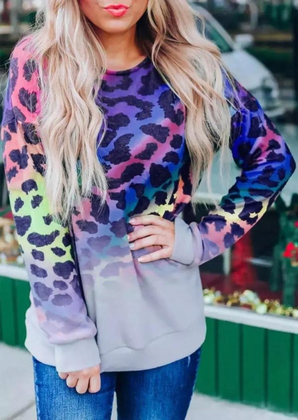 Colorful Leopard Gradient O-Neck Sweatshirt
