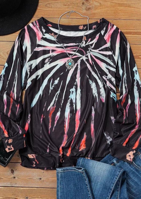 Tie Dye Long Sleeve O-Neck Sweatshirt - Black