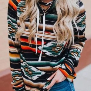 Striped Aztec Geometric Drawstring Cowl Neck Sweatshirt