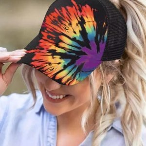 Reverse Tie Dye Rainbow Mesh Ponytail Baseball Cap